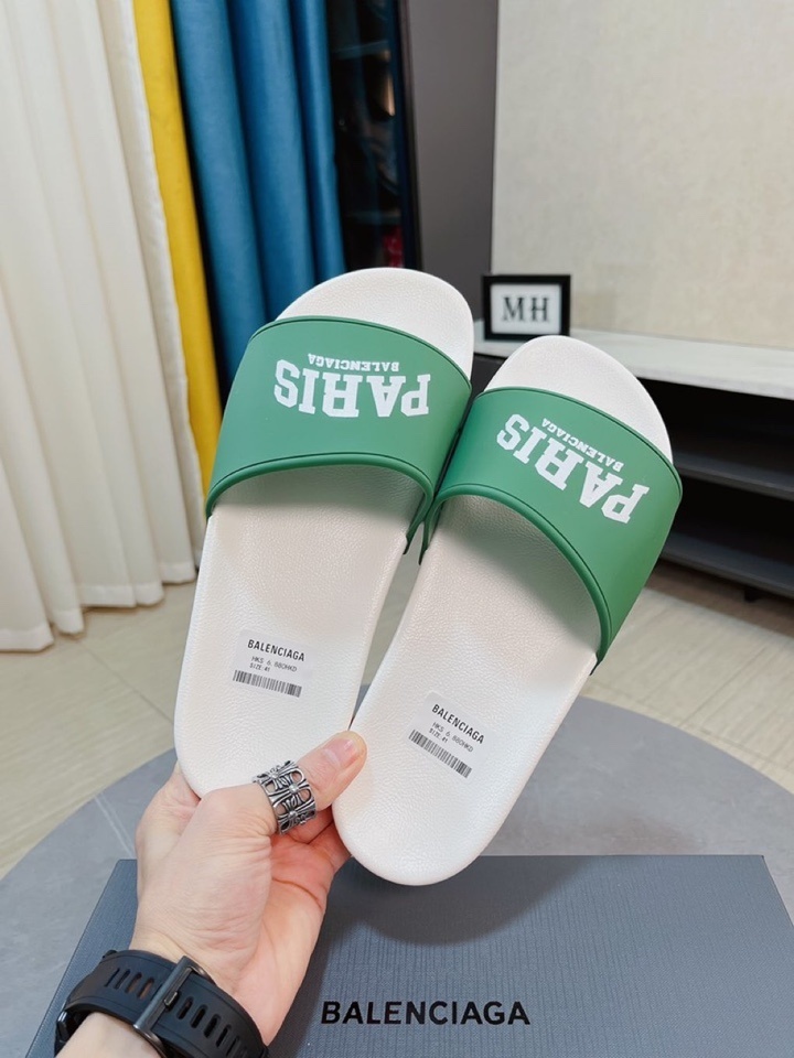 Balenciaga Palm Angels Classic Logo Pool Sliders in green and white.
