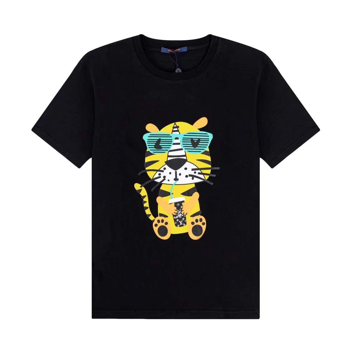 LV black short-sleeved t-shirt with a graphic of a cartoon tiger wearing sunglasses and holding a drink