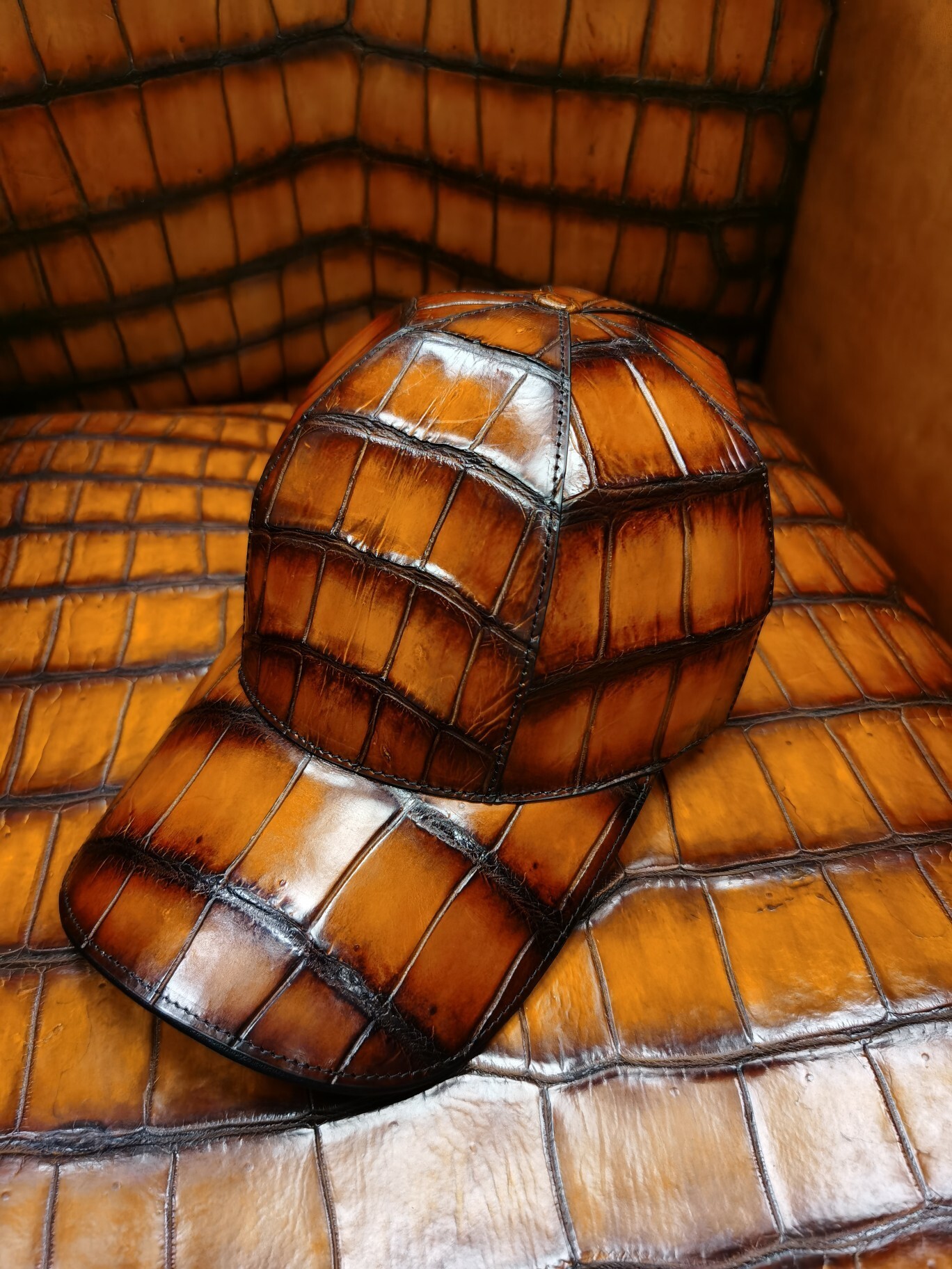 genuine caiman crocodile leather baseball cap in a cognac or rustic brown color