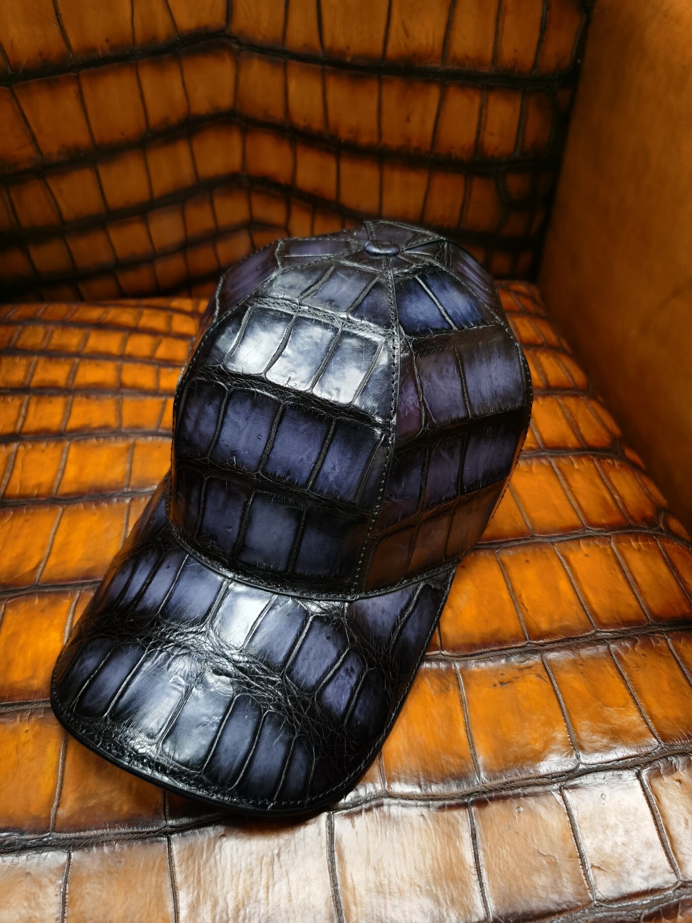 genuine caiman crocodile leather baseball cap in a cognac or rustic brown color