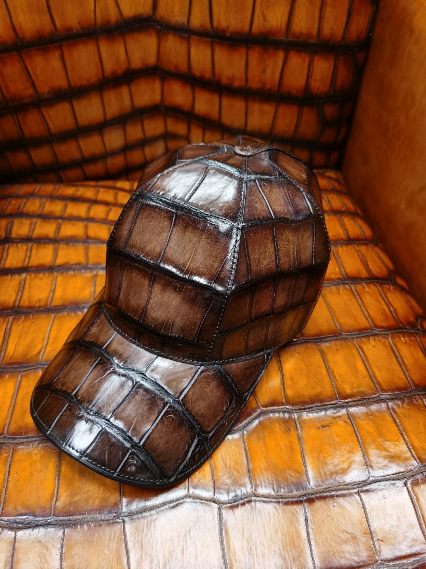 genuine caiman crocodile leather baseball cap in a cognac or rustic brown color