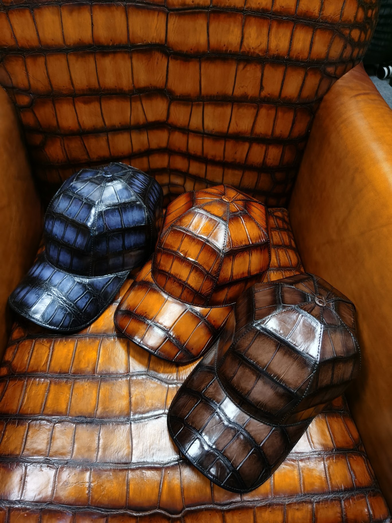 genuine caiman crocodile leather baseball cap in a cognac or rustic brown color