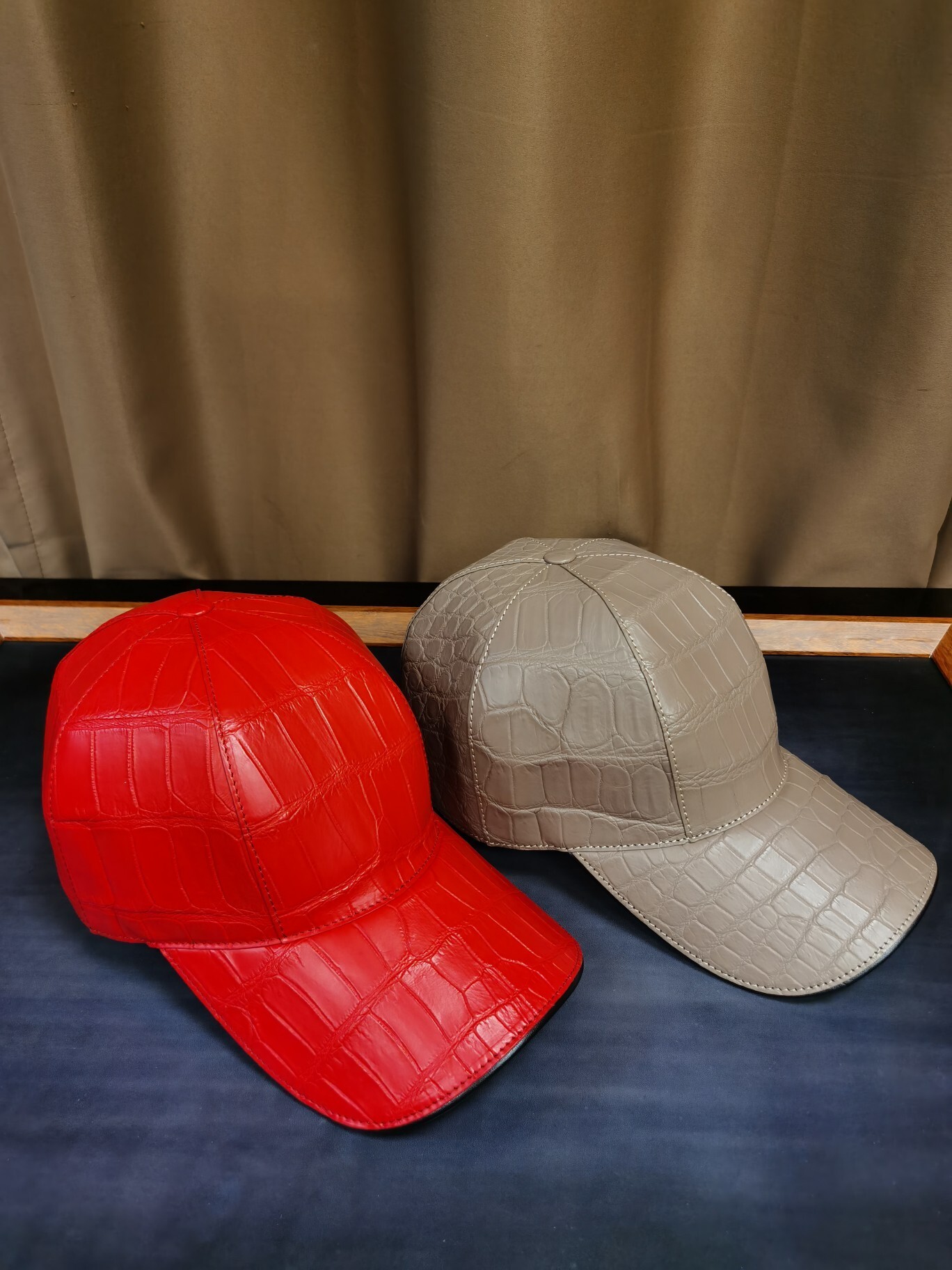 crocodile leather baseball cap in a light beige or sand color