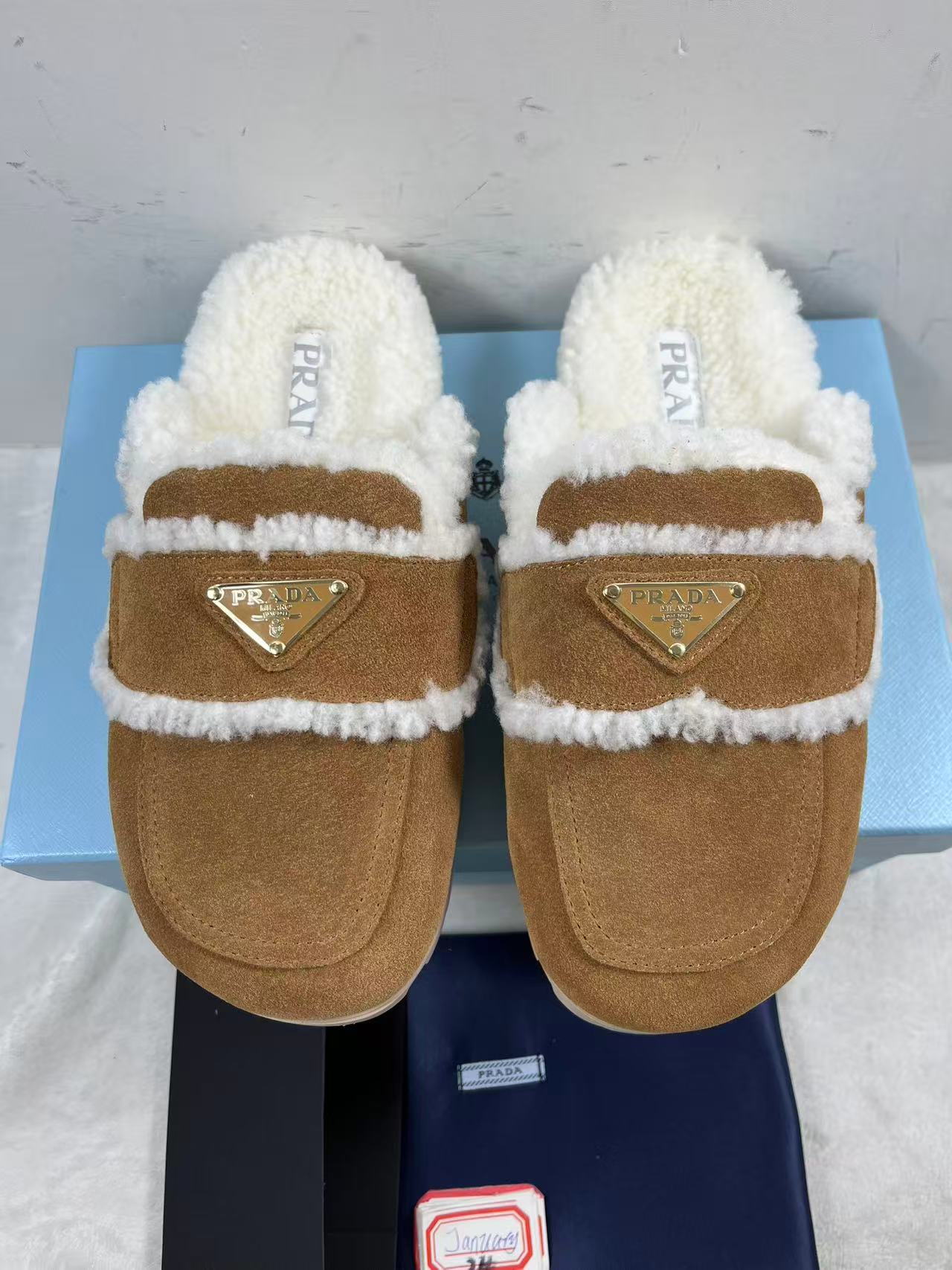 Prada Shearling Slippers in beige suede all colors