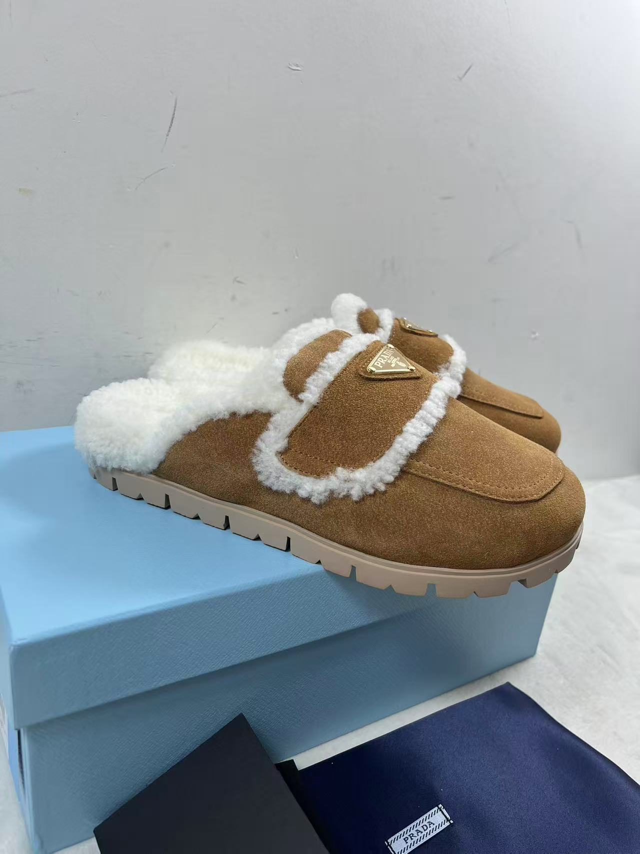 Prada Shearling Slippers in beige suede all colors