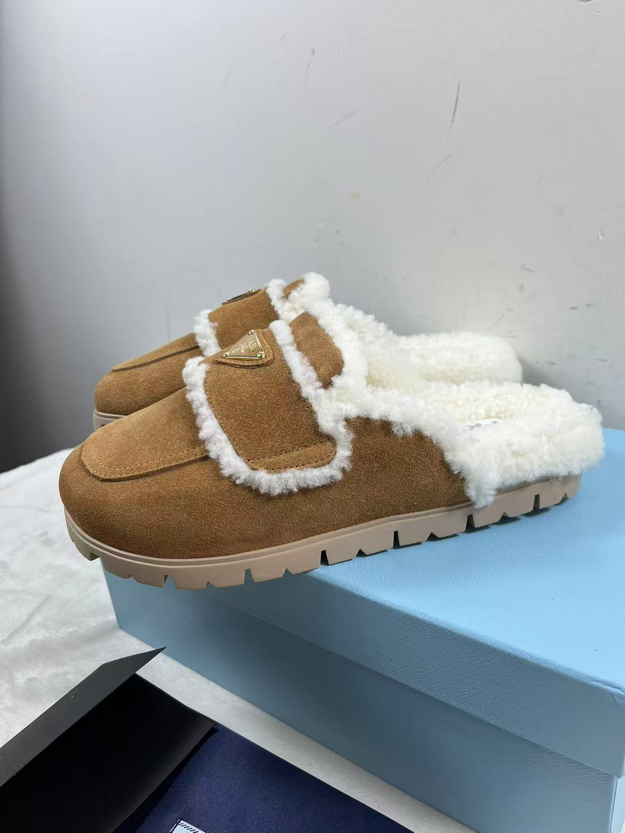 Prada Shearling Slippers in beige suede all colors