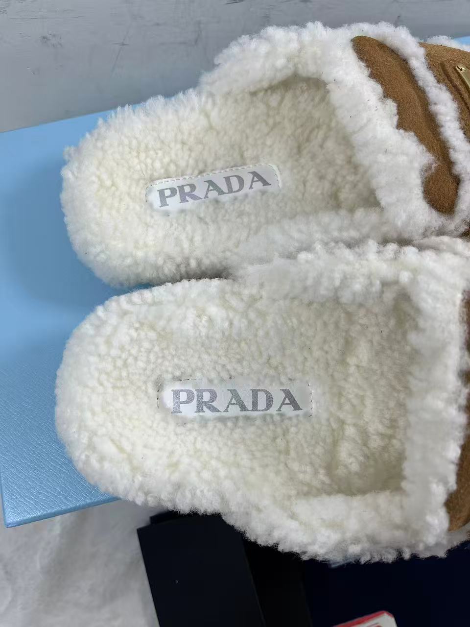 Prada Shearling Slippers in beige suede all colors