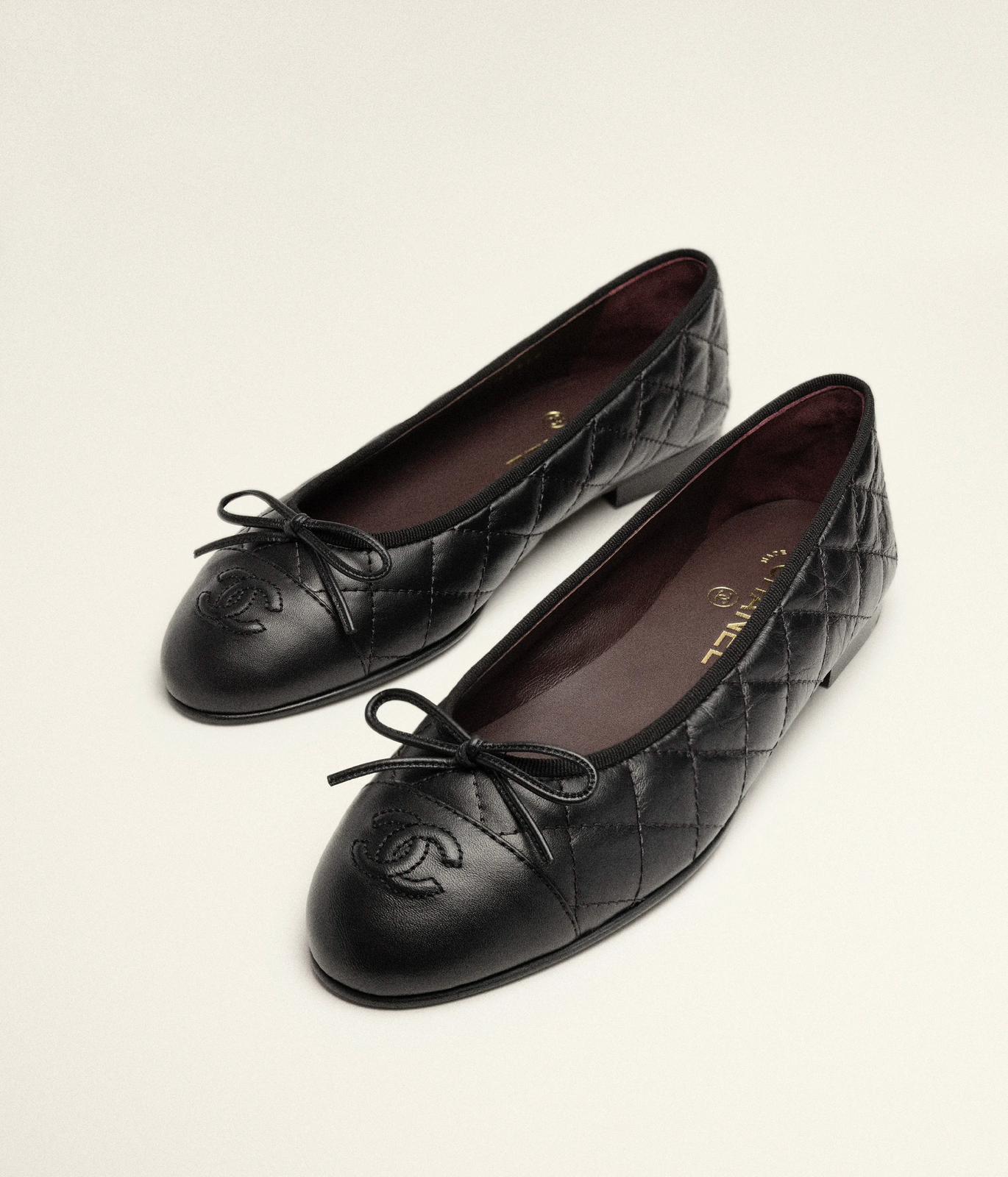 Chanel black aged calfskin quilted CC cap toe ballerina flats.