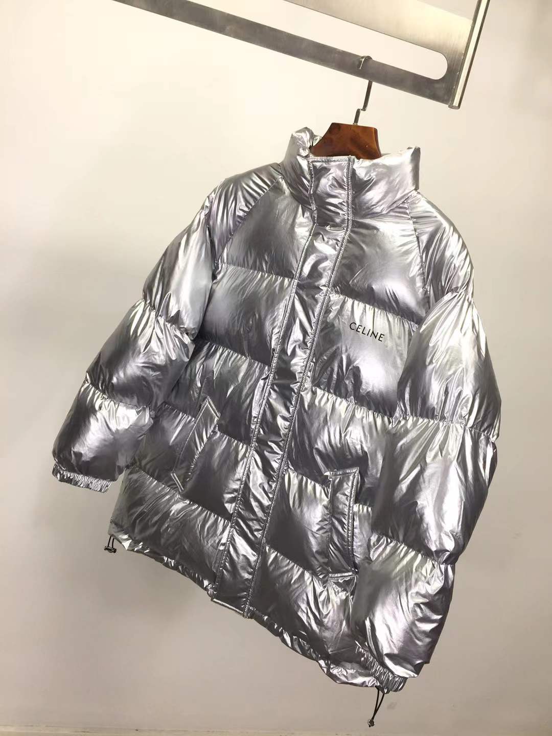 Celine Hedi Slimane goose down puffer coat in a metallic silver finish