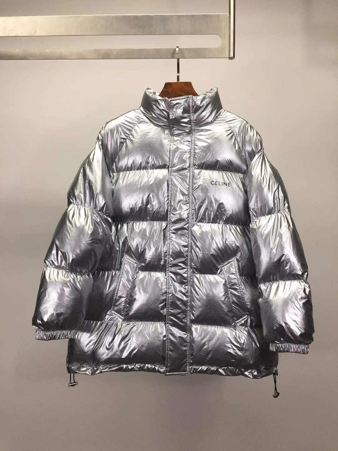 Celine Hedi Slimane goose down puffer coat in a metallic silver finish