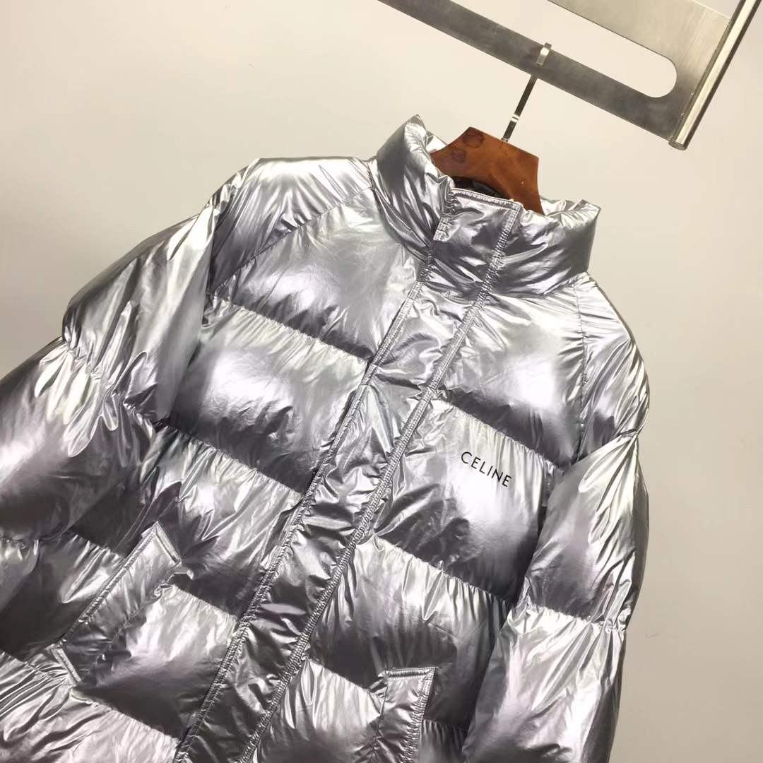Celine Hedi Slimane goose down puffer coat in a metallic silver finish