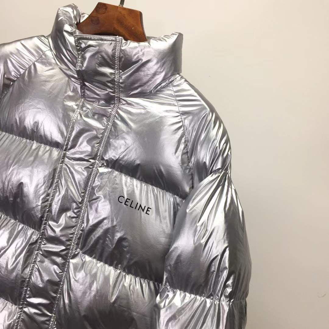 Celine Hedi Slimane goose down puffer coat in a metallic silver finish