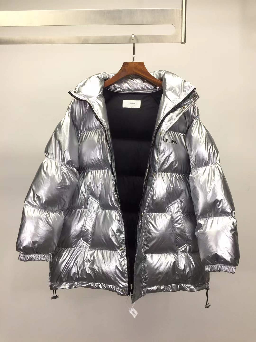 Celine Hedi Slimane goose down puffer coat in a metallic silver finish