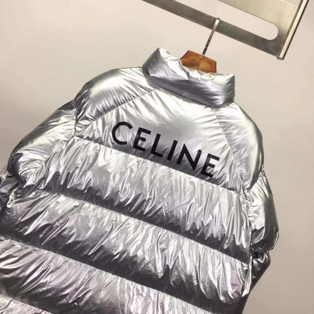 Celine Hedi Slimane goose down puffer coat in a metallic silver finish