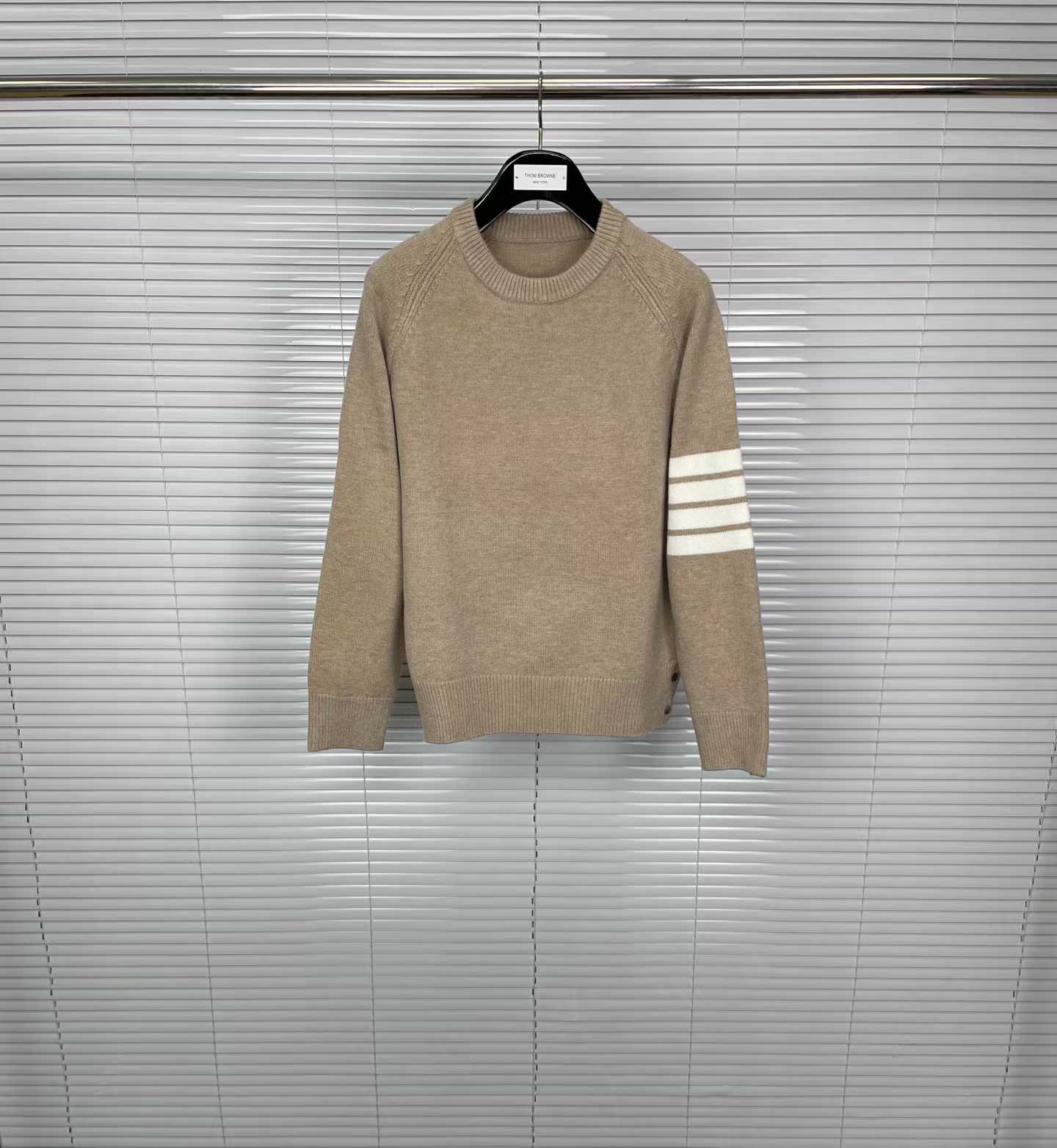 Thom Browne 4-Bar crewneck sweater available in various colors like grey, charcoal, navy, and beige