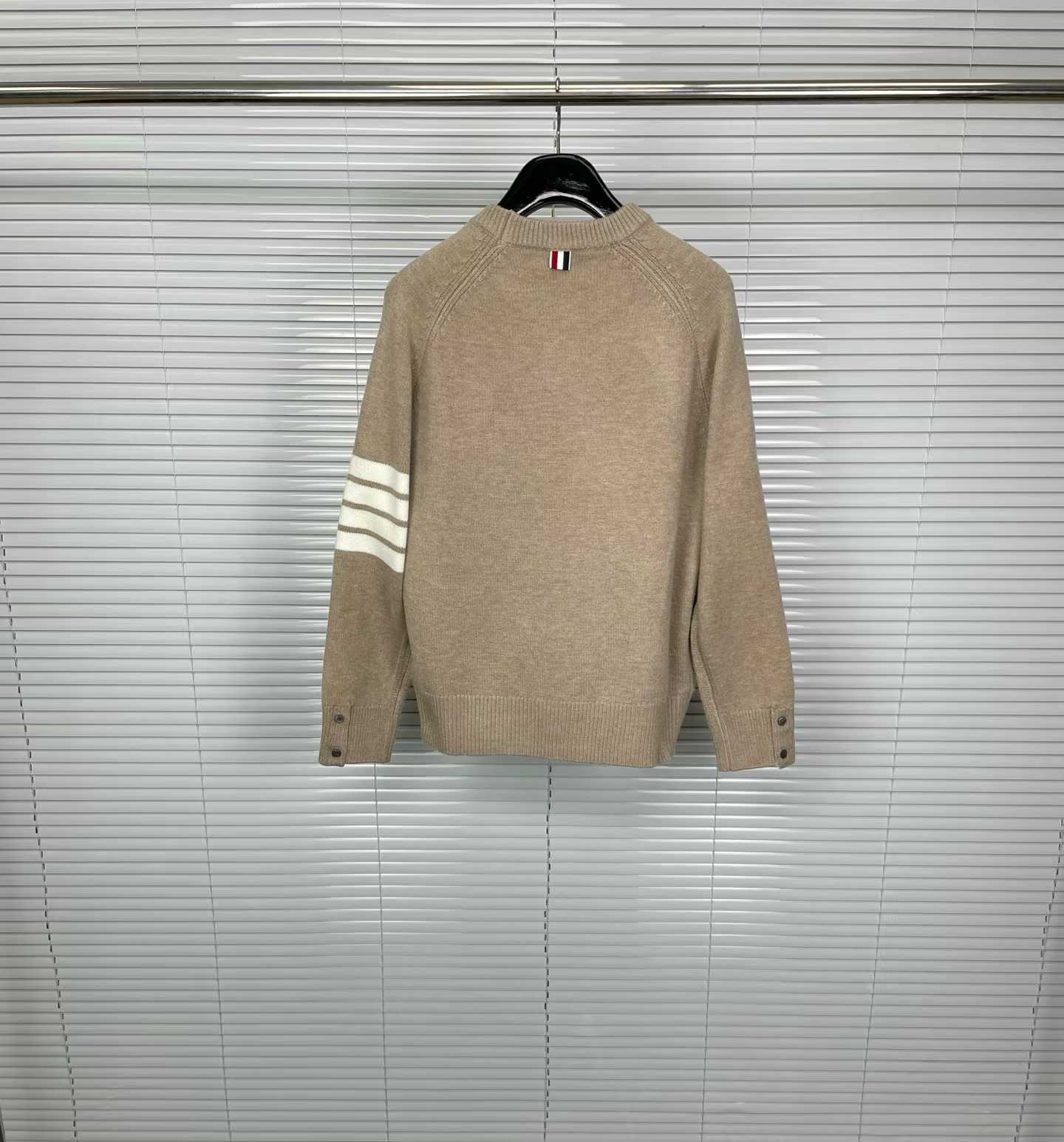Thom Browne 4-Bar crewneck sweater available in various colors like grey, charcoal, navy, and beige