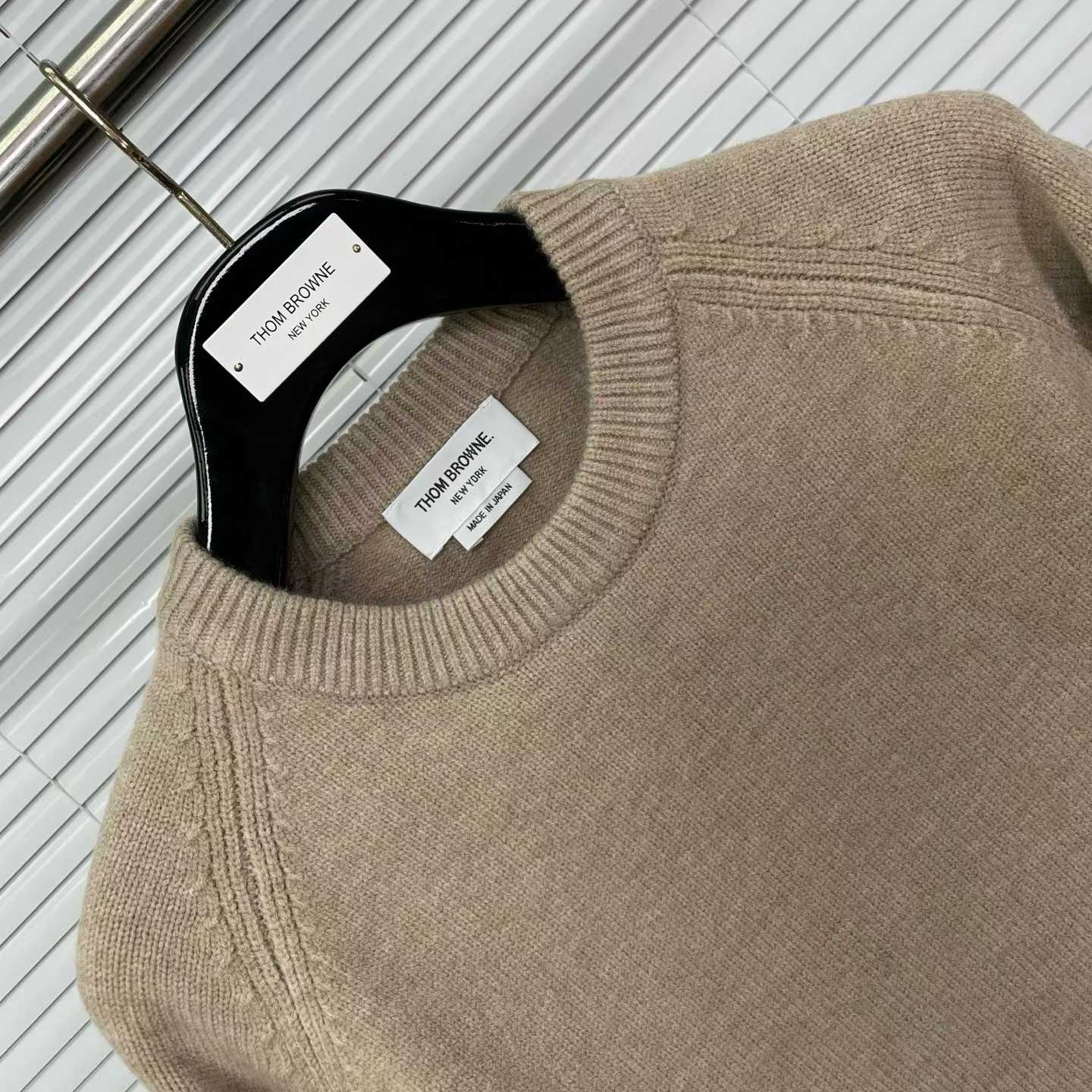 Thom Browne 4-Bar crewneck sweater available in various colors like grey, charcoal, navy, and beige