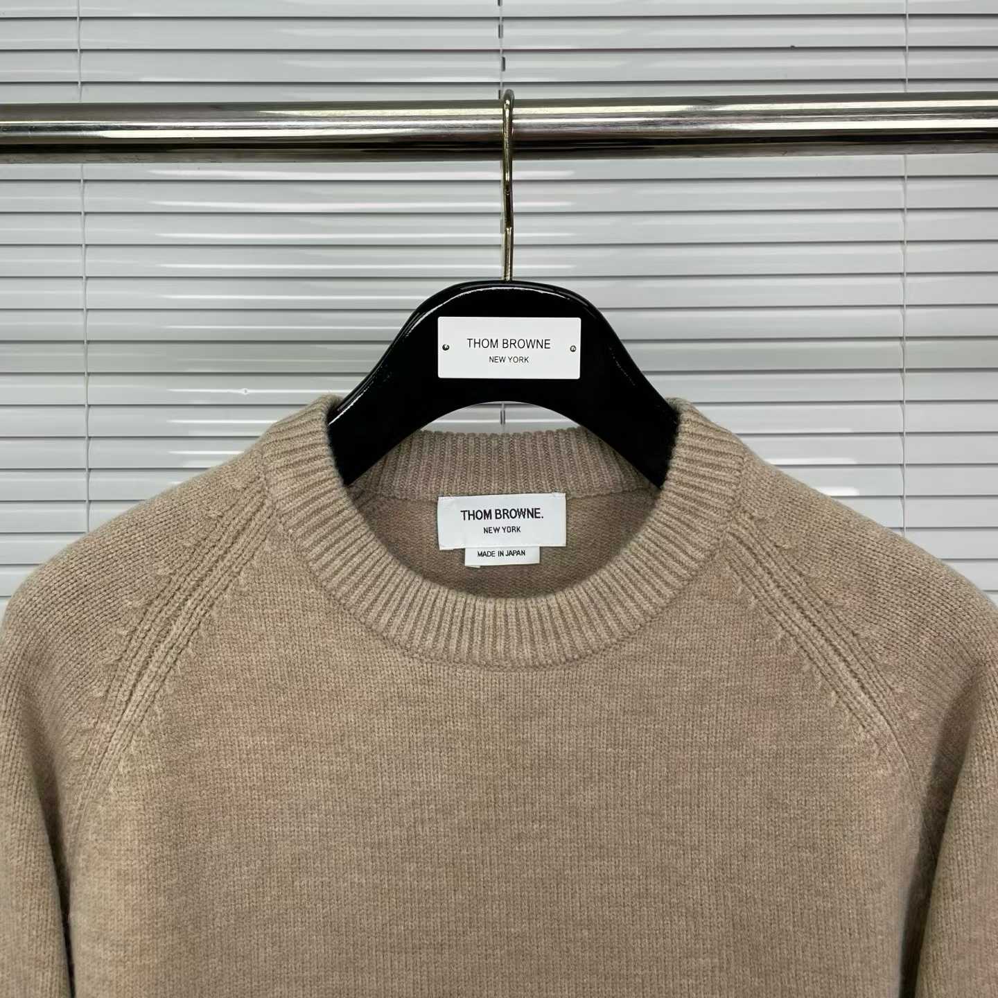 Thom Browne 4-Bar crewneck sweater available in various colors like grey, charcoal, navy, and beige