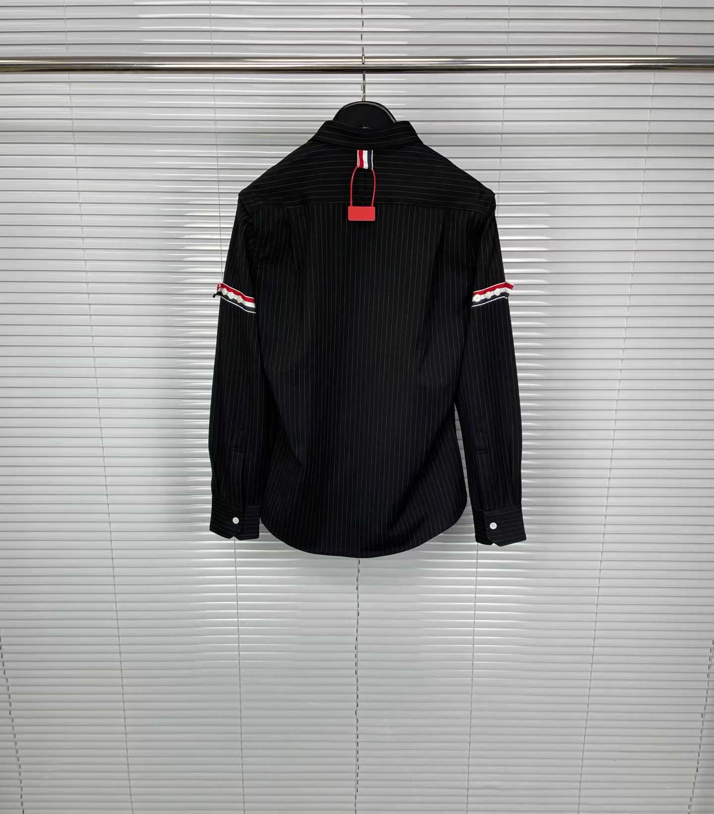 Thom Browne Pinstripe High Twist Wool Zip-Up Shirt featuring signature grosgrain armbands and a front zipper