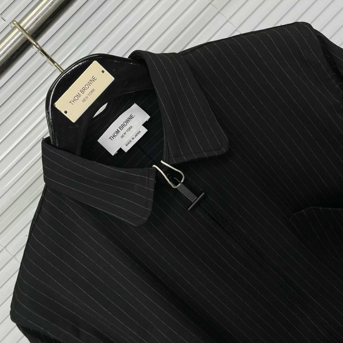 Thom Browne Pinstripe High Twist Wool Zip-Up Shirt featuring signature grosgrain armbands and a front zipper