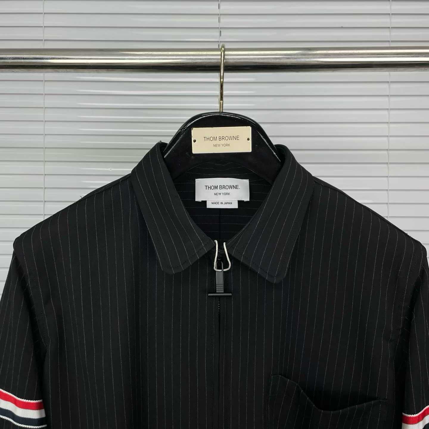 Thom Browne Pinstripe High Twist Wool Zip-Up Shirt featuring signature grosgrain armbands and a front zipper