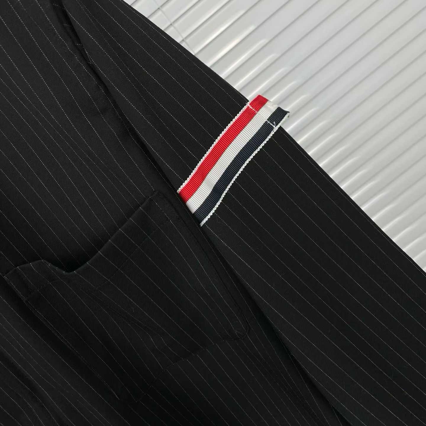 Thom Browne Pinstripe High Twist Wool Zip-Up Shirt featuring signature grosgrain armbands and a front zipper