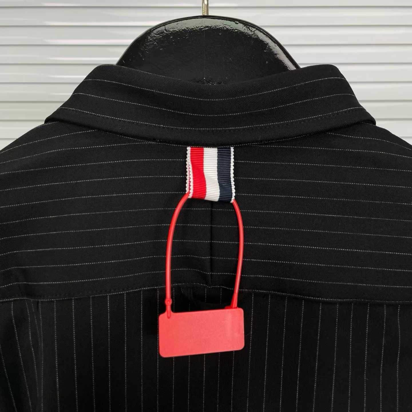 Thom Browne Pinstripe High Twist Wool Zip-Up Shirt featuring signature grosgrain armbands and a front zipper