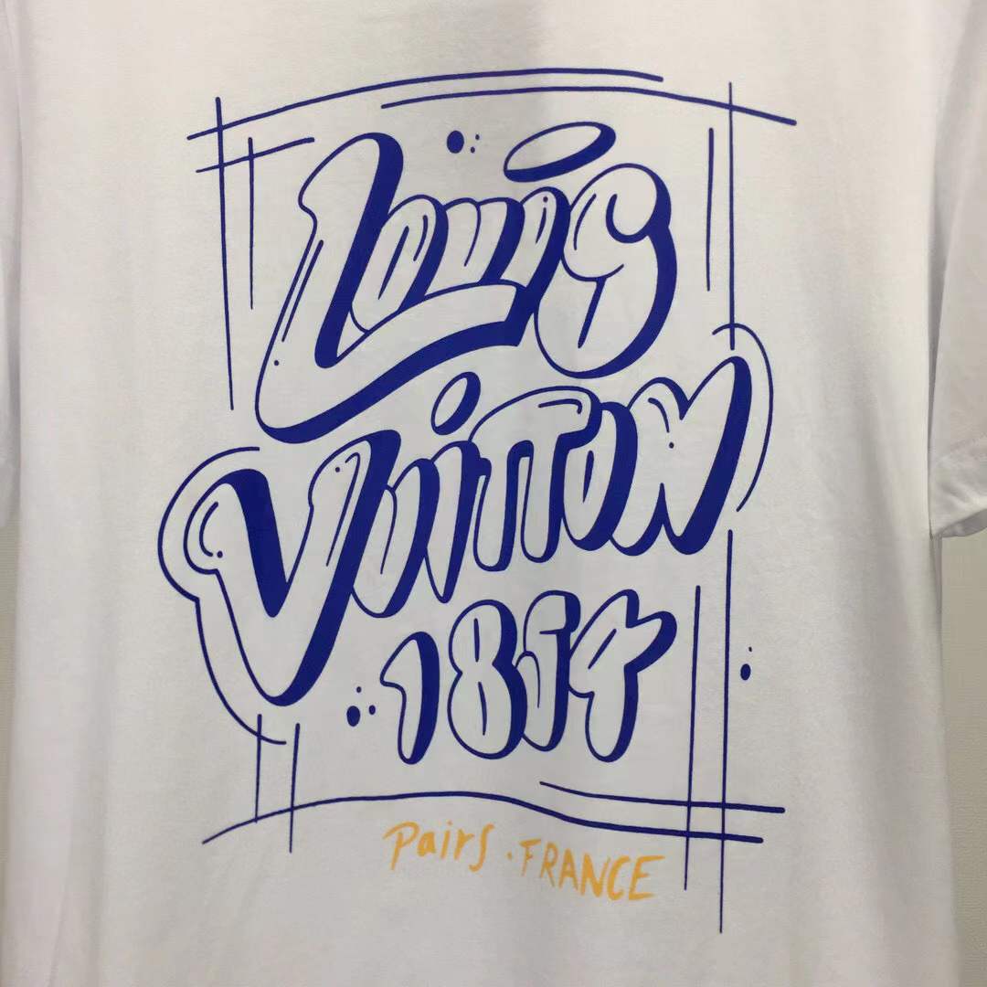 LV T-shirt featuring a blue graphic print that includes the brand name, "1854", and "PARIS. FRANCE".