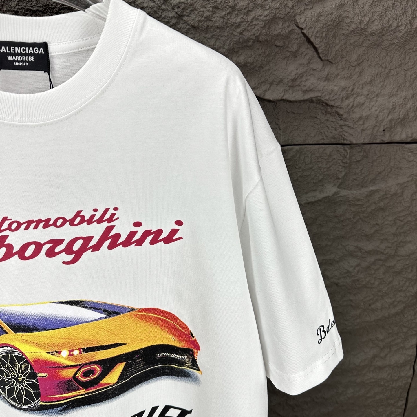 Balenciaga white cotton t-shirt from the Balenciaga x Automobili Lamborghini collaboration featuring a graphic of the Temerario supercar on the front