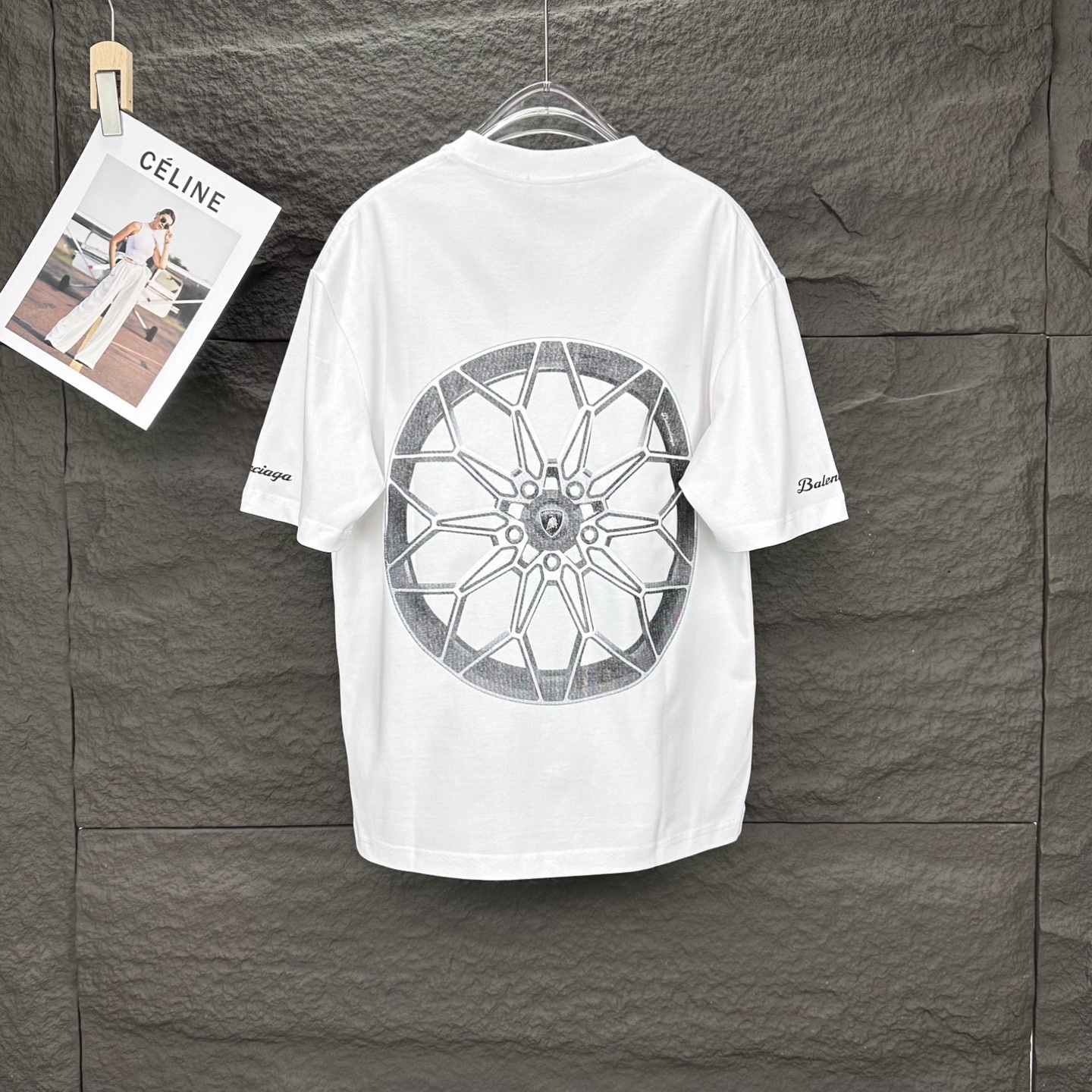 Balenciaga white cotton t-shirt from the Balenciaga x Automobili Lamborghini collaboration featuring a graphic of the Temerario supercar on the front