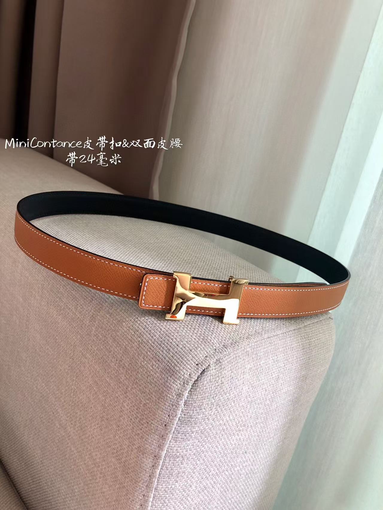 Hermès Focus H buckle and reversible leather strap belt 2.4mm in black and tawny brown leather with a rose gold-plated