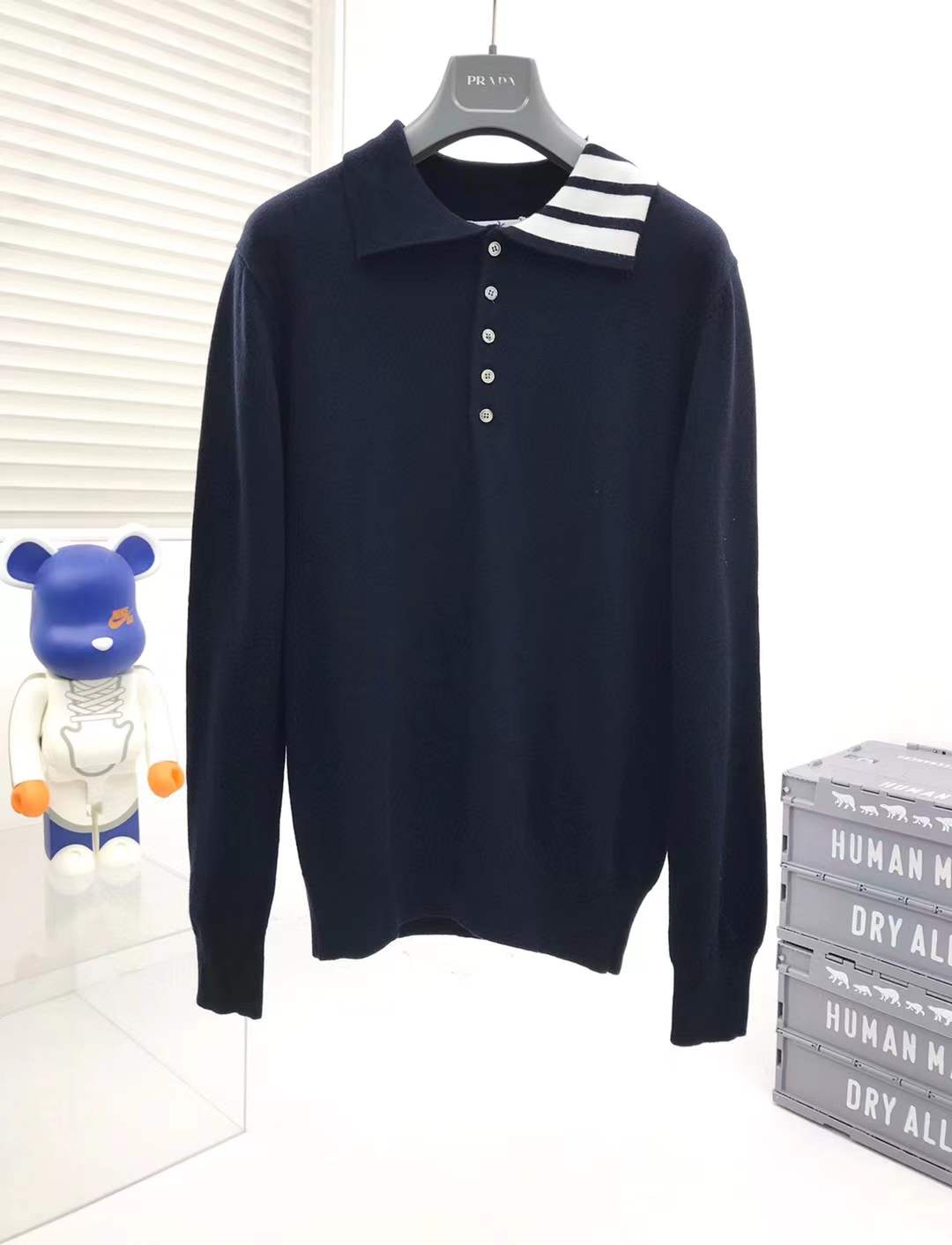 Thom Browne 4-Bar merino wool knitted polo in navy blue