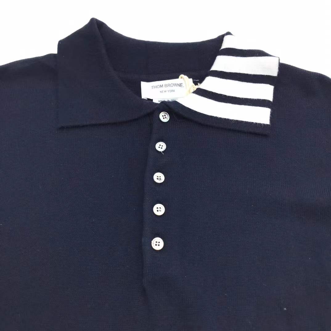 Thom Browne 4-Bar merino wool knitted polo in navy blue
