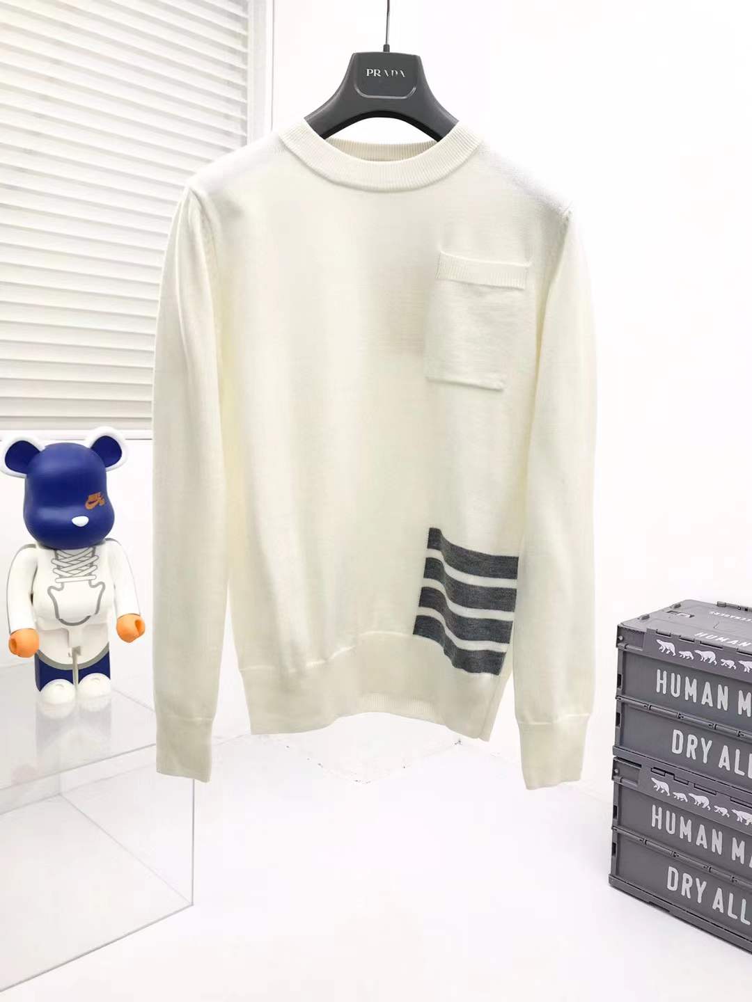 Thom Browne men's white cotton 4-bar crewneck pullover sweater