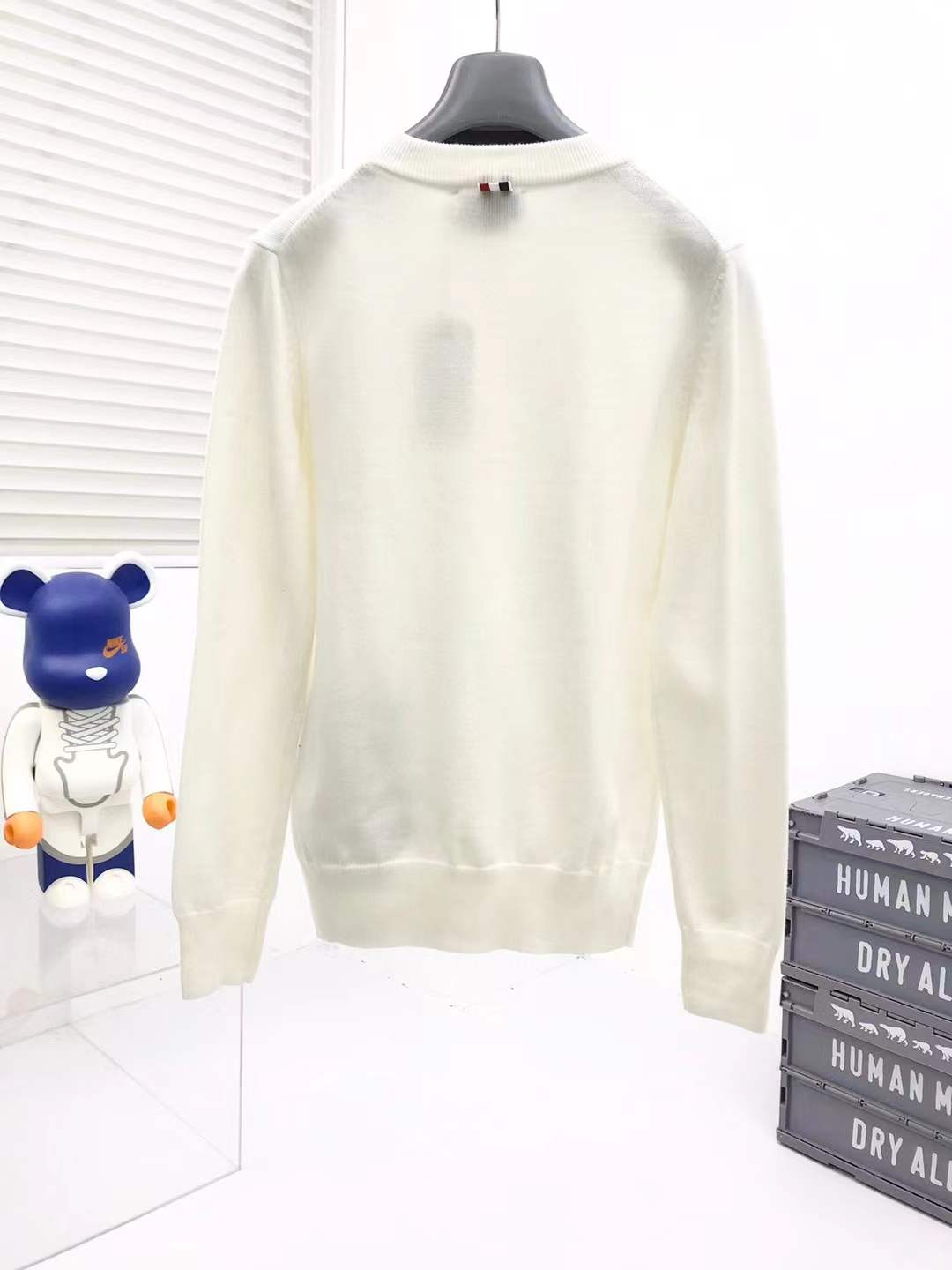 Thom Browne men's white cotton 4-bar crewneck pullover sweater