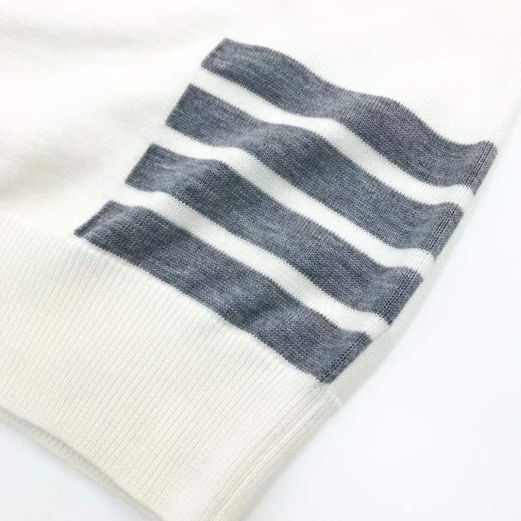 Thom Browne men's white cotton 4-bar crewneck pullover sweater