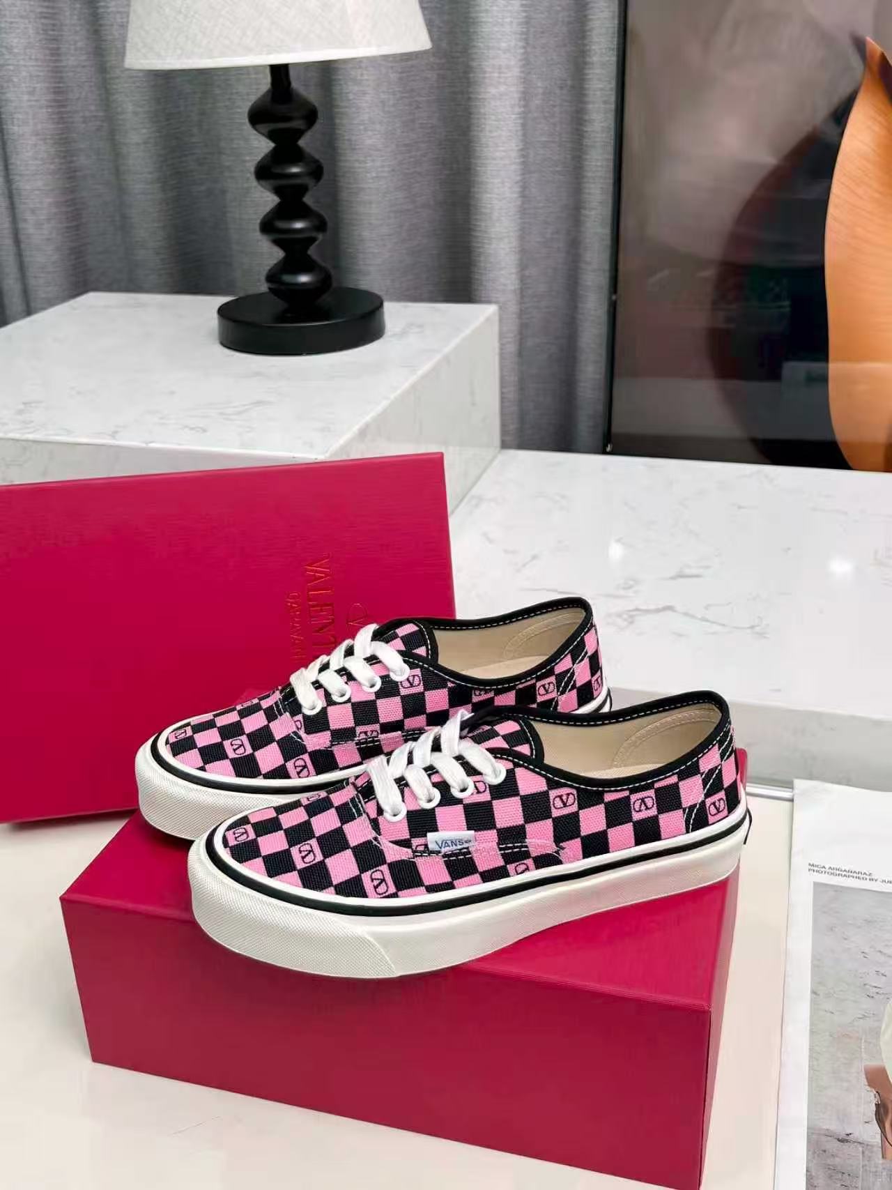 Valentino Garavani and Vans Classic Slip-On sneaker in fabric with a pink orchid and black VLogo Checkerboard print