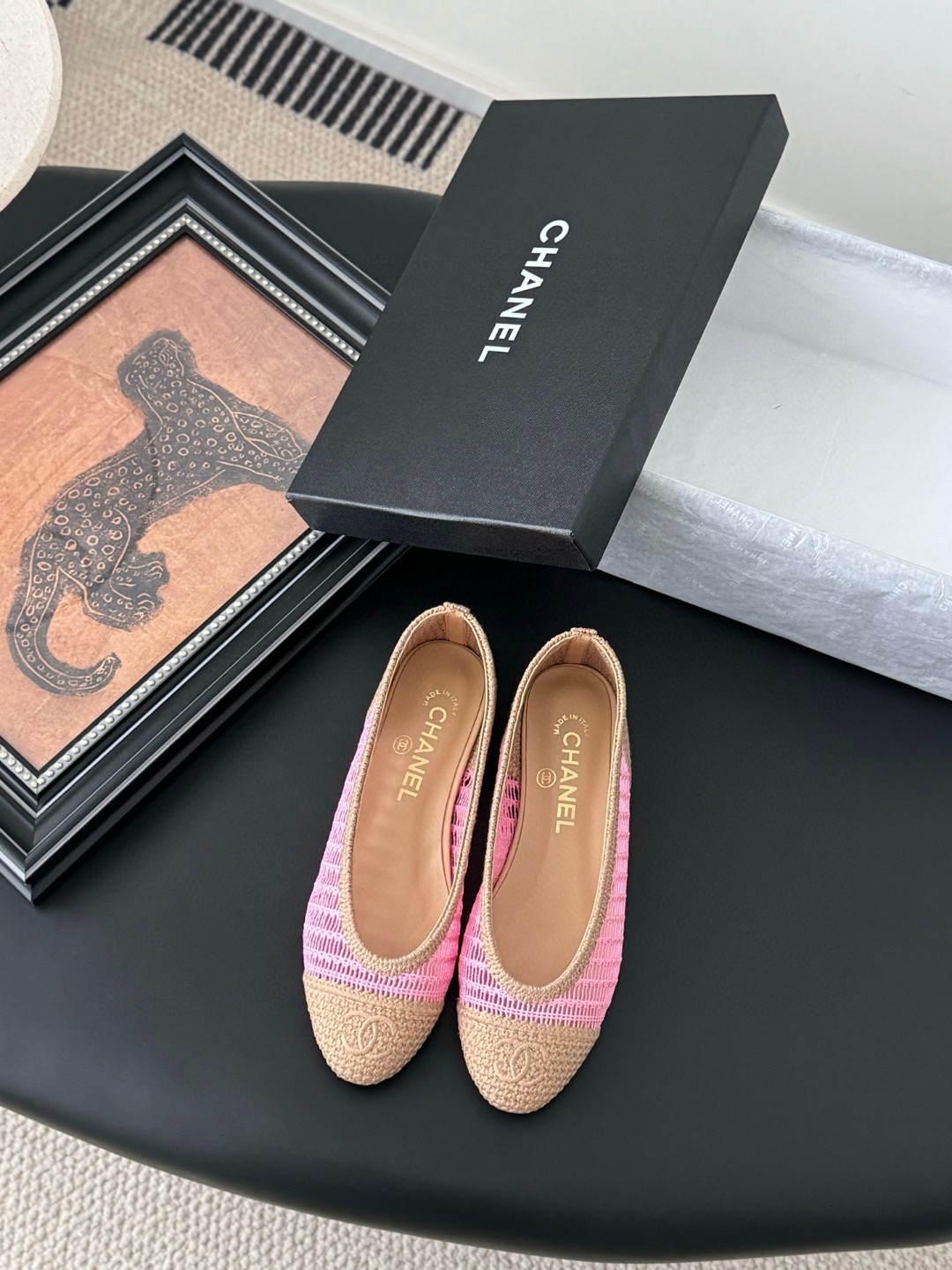 Chanel pink and tan raffia ballet flats