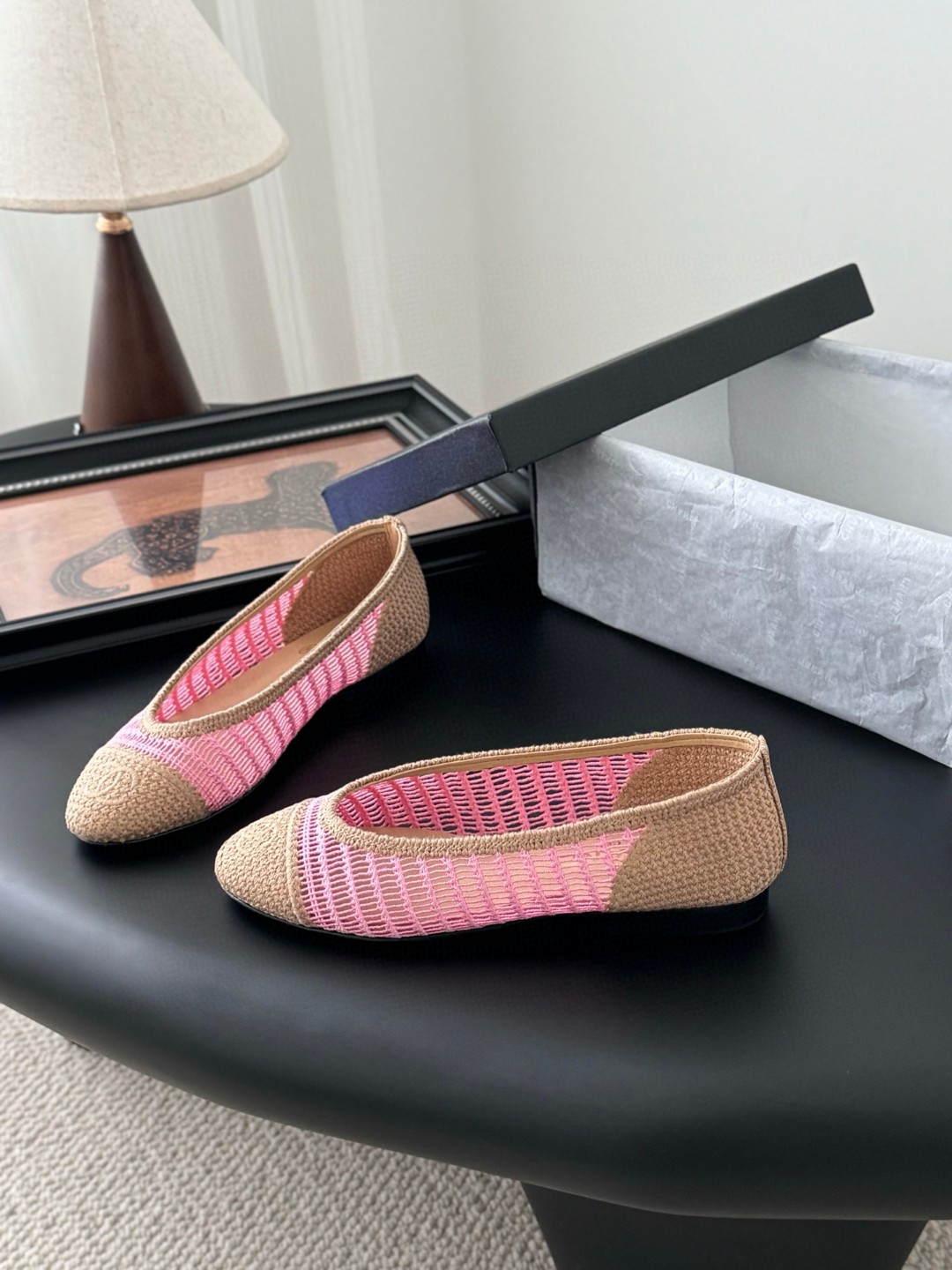 Chanel pink and tan raffia ballet flats