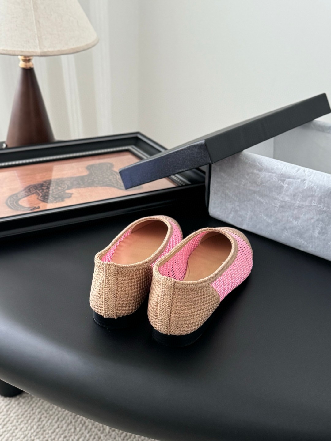 Chanel pink and tan raffia ballet flats