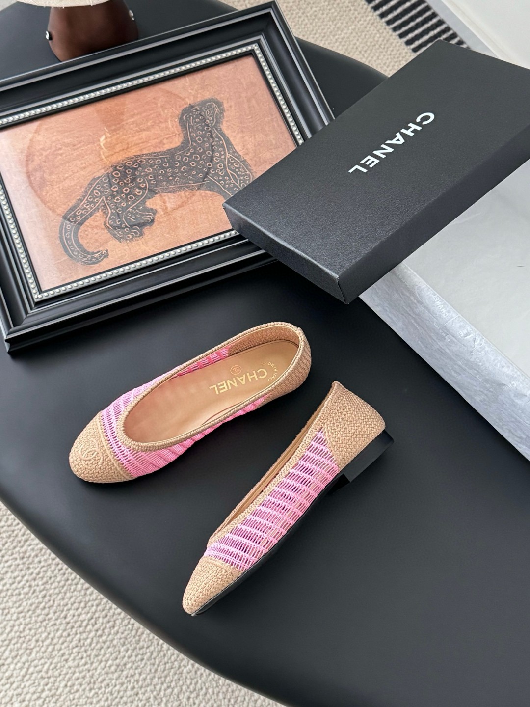 Chanel pink and tan raffia ballet flats