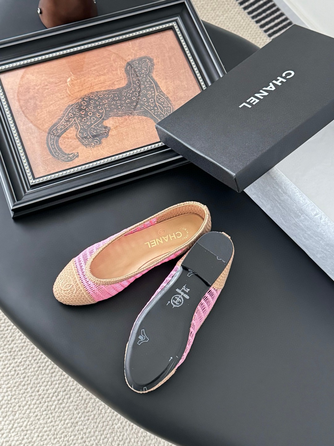 Chanel pink and tan raffia ballet flats