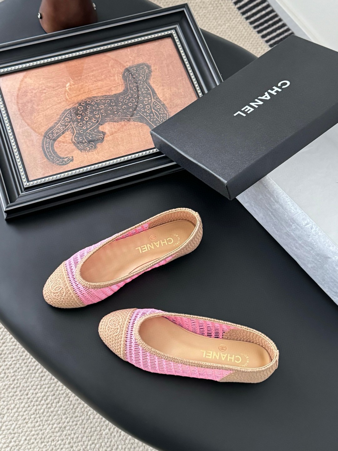 Chanel pink and tan raffia ballet flats