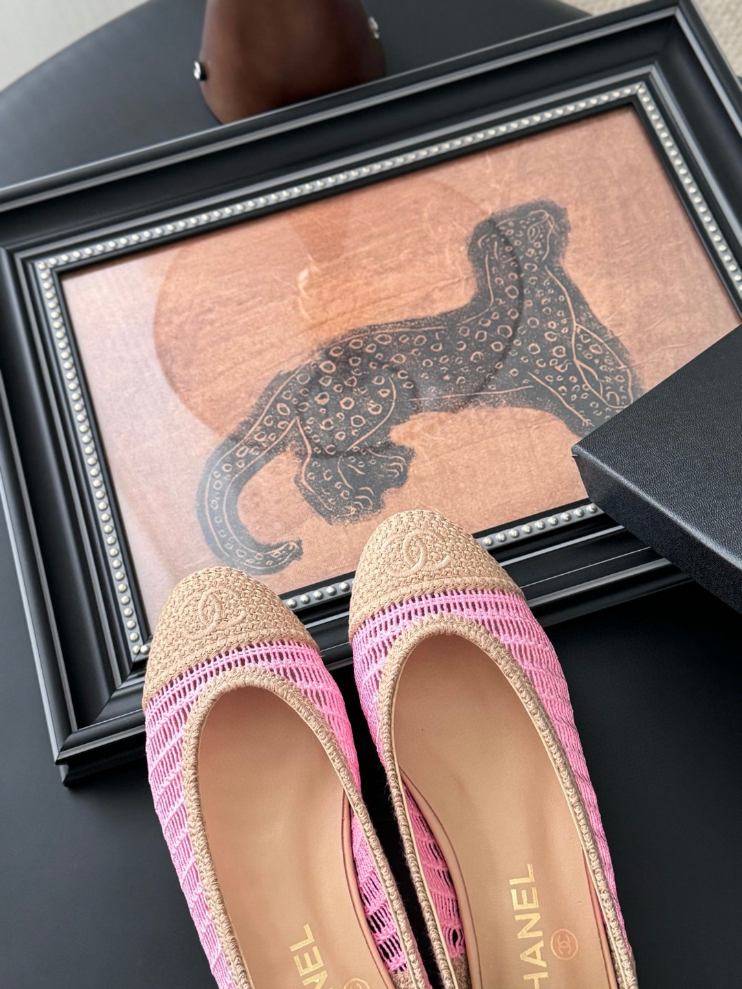 Chanel pink and tan raffia ballet flats