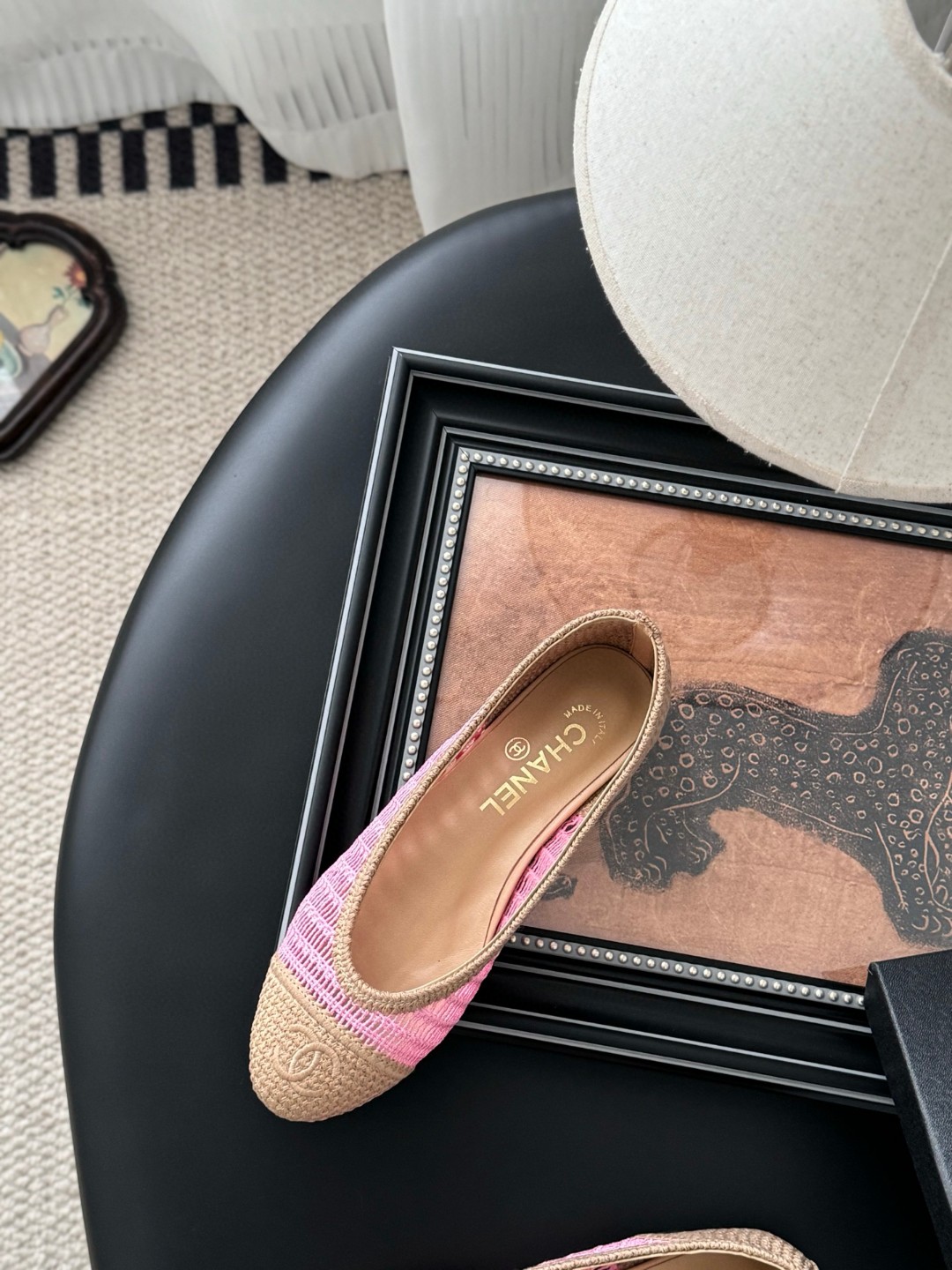 Chanel pink and tan raffia ballet flats