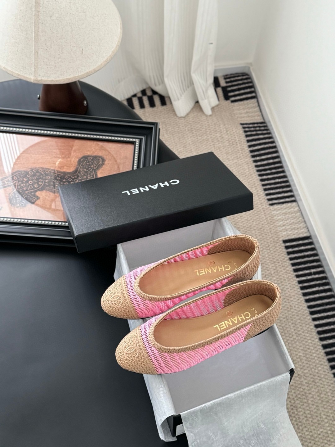 Chanel pink and tan raffia ballet flats