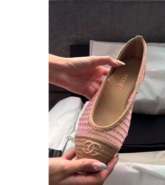 Chanel pink and tan raffia ballet flats