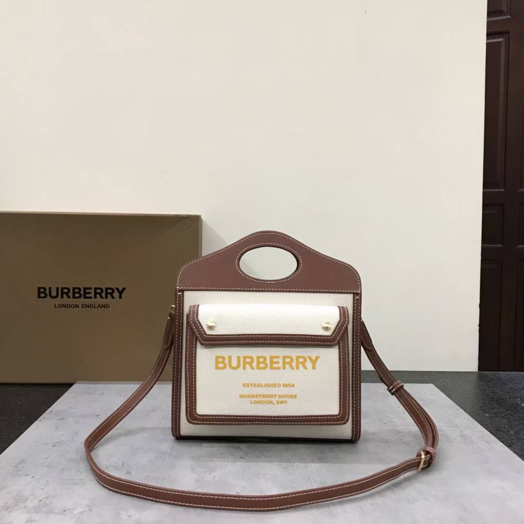 Burberry Brown Pocket Mini Canvas and Leather Top Handle Bag