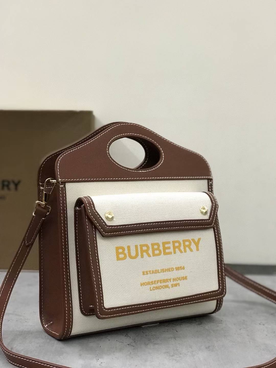 Burberry Brown Pocket Mini Canvas and Leather Top Handle Bag