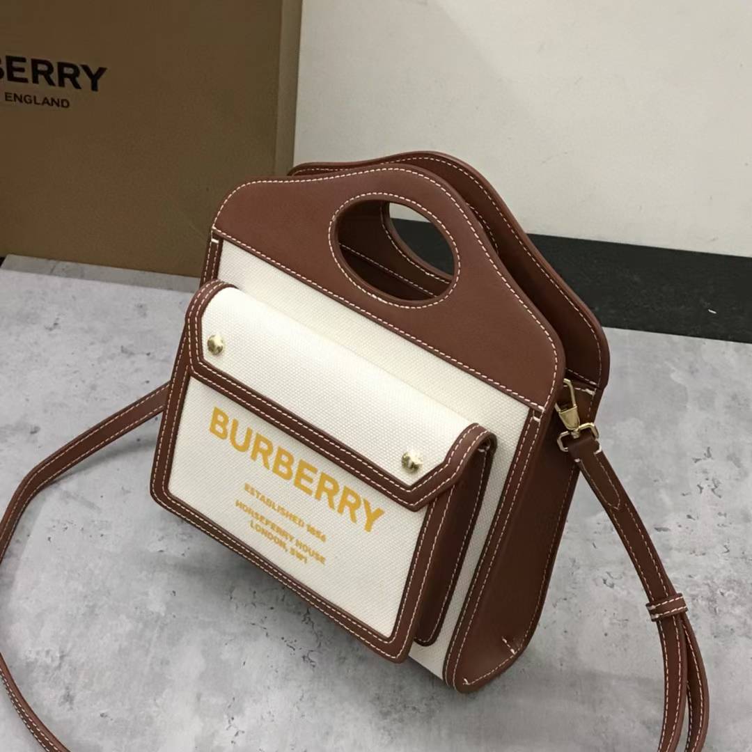 Burberry Brown Pocket Mini Canvas and Leather Top Handle Bag